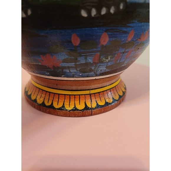 Marked Elephant Painted Wood Vase 11.5 Inch Multiple Elephants Red Yellow - Picture 9 of 16